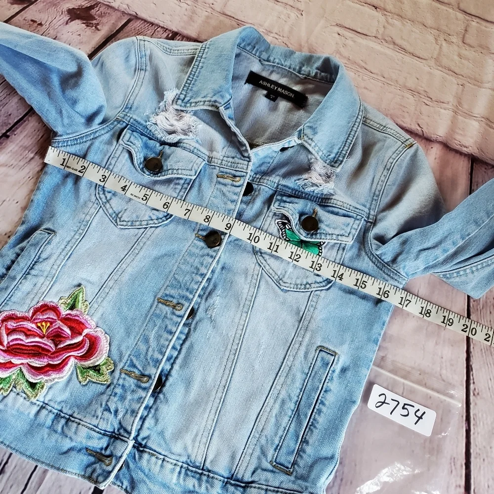 Ashley Mason Embroidered Distressed Denim Blue Jacket Trucker Small Button-up - Picture 7 of 9
